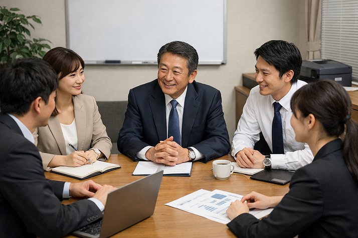 中小企業の職場で少人数で働く日本人社員のイメージ