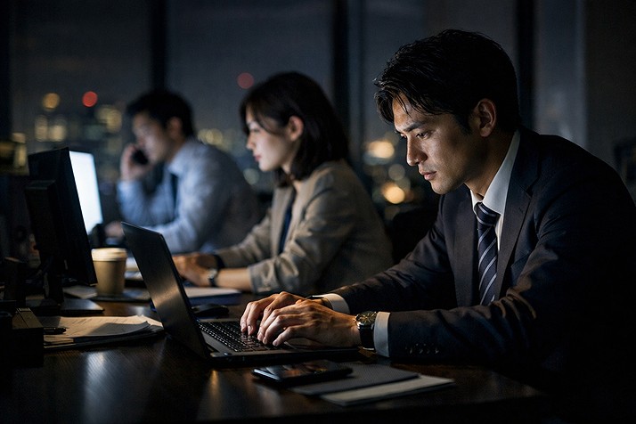 ベンチャー企業で議論する日本人メンバーと緊張感のある職場イメージ