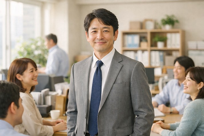 40代の日本人男性が落ち着いた表情で働く職場のイメージ