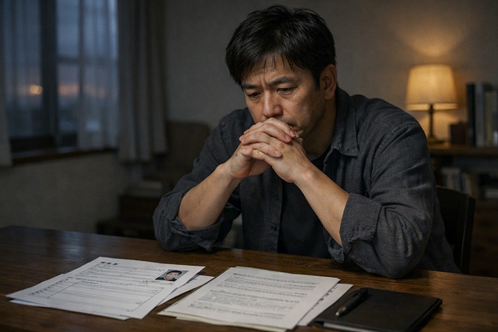 40代でリストラ後、派遣社員になる決断を前に不安を抱えて考え込む日本人男性