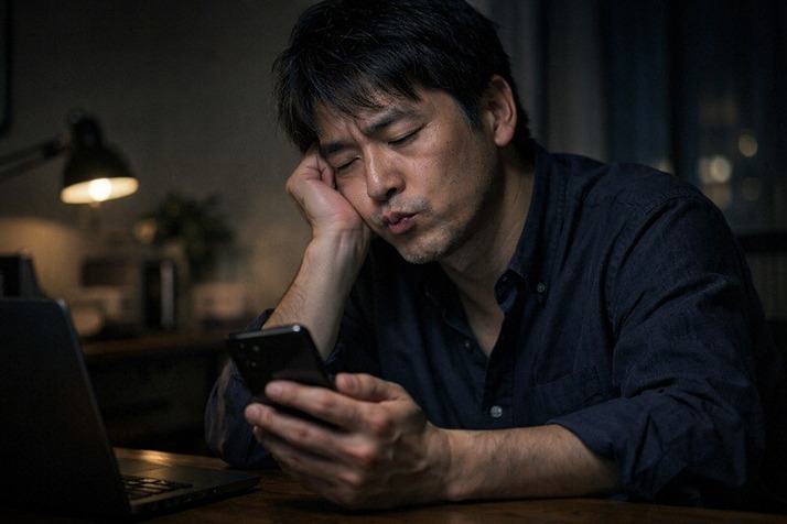 40代でリストラ後、派遣社員になる決断を迫られ悩む日本人男性の様子