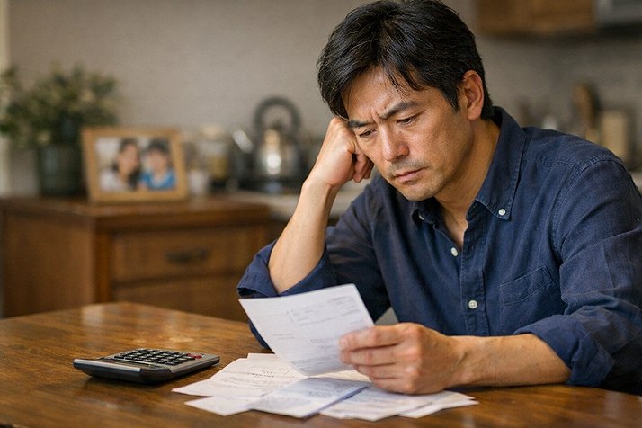 派遣社員として働くことになり収入や生活費に不安を感じる40代の日本人男性