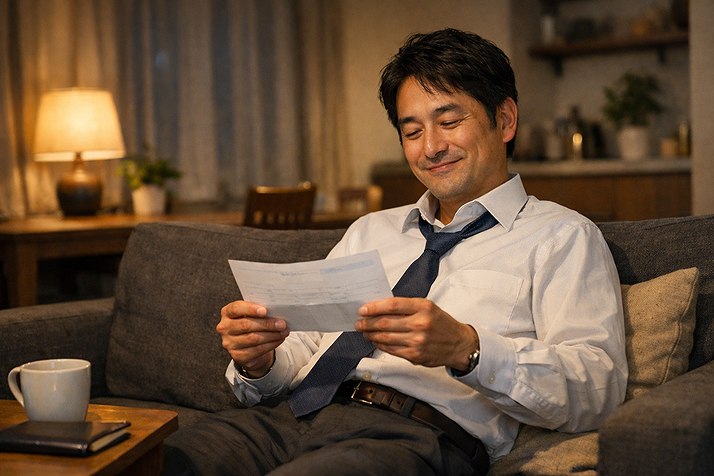 派遣社員として収入を得られ生活が安定し少し安心した表情の40代男性