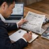 40代でリストラ後、再就職に向けて求人情報を調べながらノートに書き出す日本人男性