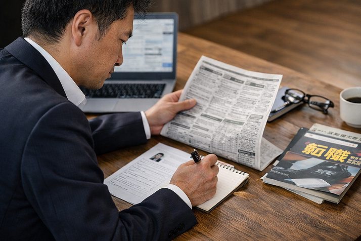 40代でリストラ後、再就職に向けて求人情報を調べながらノートに書き出す日本人男性