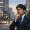 40代の日本人ビジネスパーソンが将来を考え、不安と向き合って立ち止まっている様子
