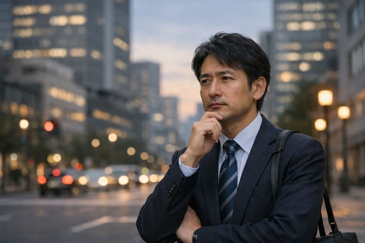 40代の日本人ビジネスパーソンが将来を考え、不安と向き合って立ち止まっている様子