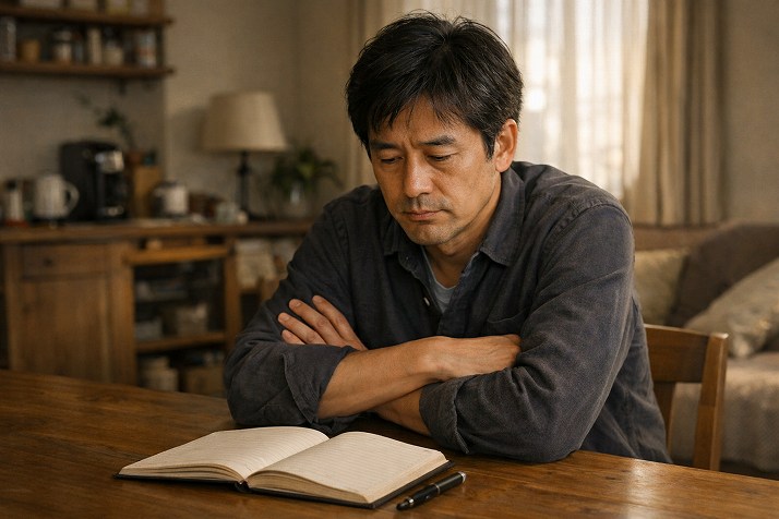 40代の派遣社員が将来について一人で悩み、考え込んでいる様子