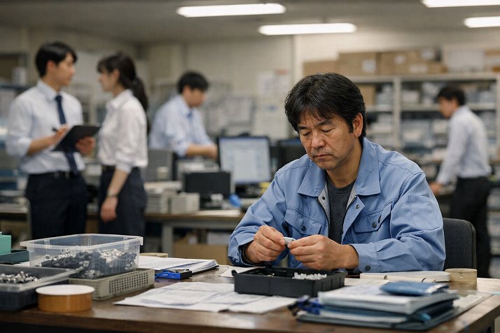 40代の派遣社員が職場で働きながら、正社員との立場の違いを感じている様子