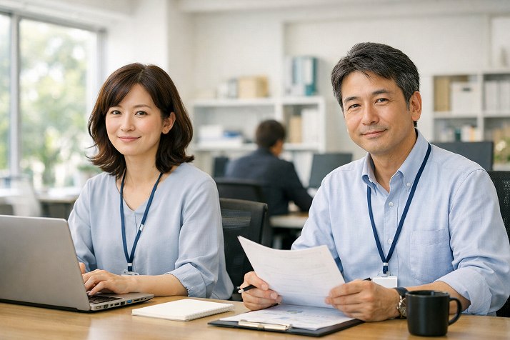 派遣社員として働きながらも、落ち着いた表情で仕事に向き合う40代の日本人
