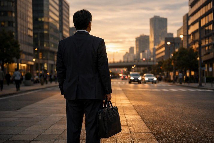 将来への不安を感じながら立ち止まる40代の派遣社員の後ろ姿