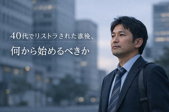 40代でリストラされた日本人ビジネスパーソンが夕方の街で立ち止まり、将来を考えている様子