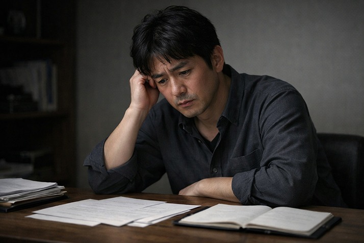 40代の日本人男性が自宅で一人座り、リストラ直後の不安と戸惑いを感じている様子