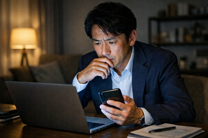 40代の日本人ビジネスパーソンが夜の部屋で仕事を探し、焦って転職活動をしている様子