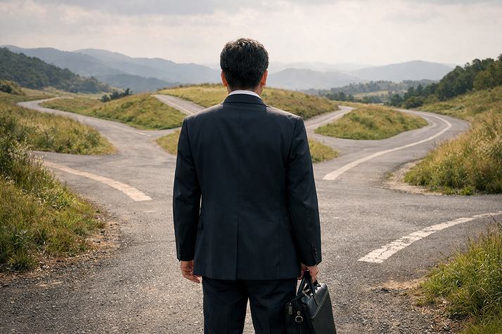 40代の日本人ビジネスパーソンが分かれ道で立ち止まり、転職の迷いを感じている後ろ姿