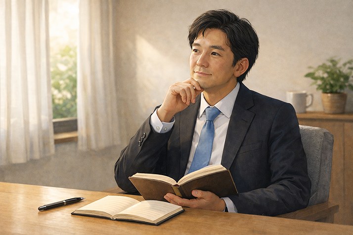 40代の日本人ビジネスパーソンが朝の光の中でノートを開き、落ち着いて将来を考えている様子