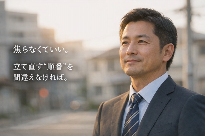 40代の日本人ビジネスパーソンが夕方の街で前を向き、リストラ後の再スタートを考えている様子