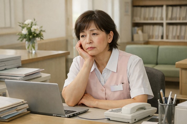 クリニック受付で少し疲れた表情を見せる51歳女性医療事務のイメージ