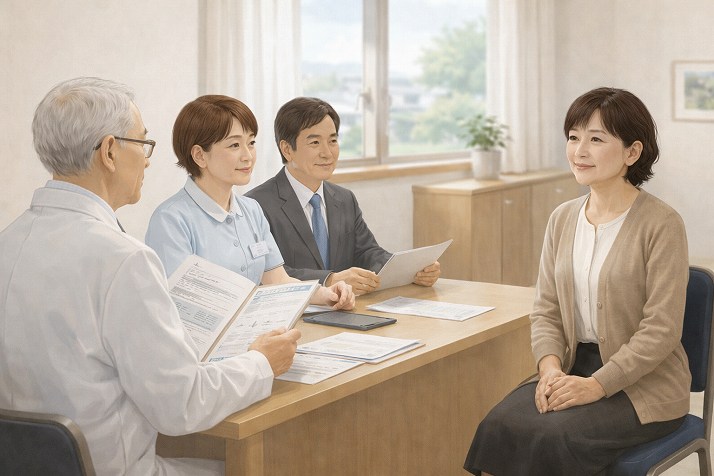 クリニックの面接で落ち着いて受け答えする50代女性医療事務のイメージ