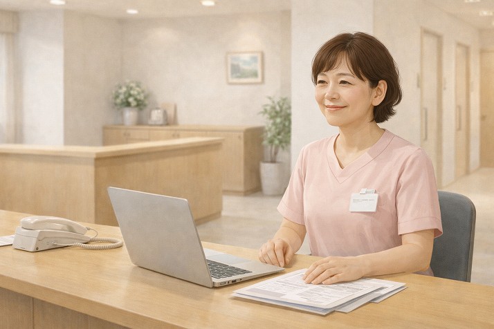 新しいクリニック受付で安心して働く50代女性医療事務の転職成功イメージ