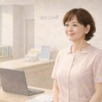 51歳の女性医療事務がクリニック受付で前向きな表情を見せる転職成功イメージ