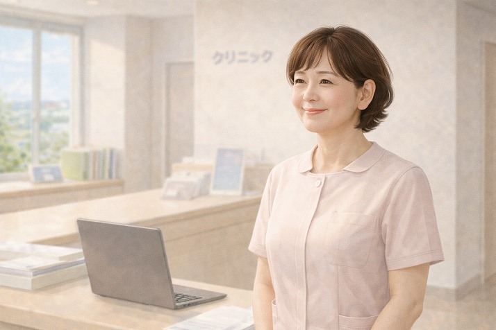 51歳の女性医療事務がクリニック受付で前向きな表情を見せる転職成功イメージ