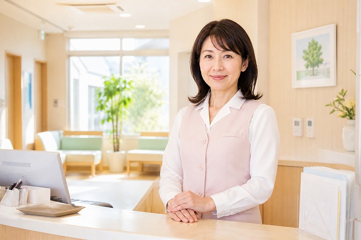 51歳の女性医療事務がクリニック受付で前向きな表情を見せる転職成功イメージ
