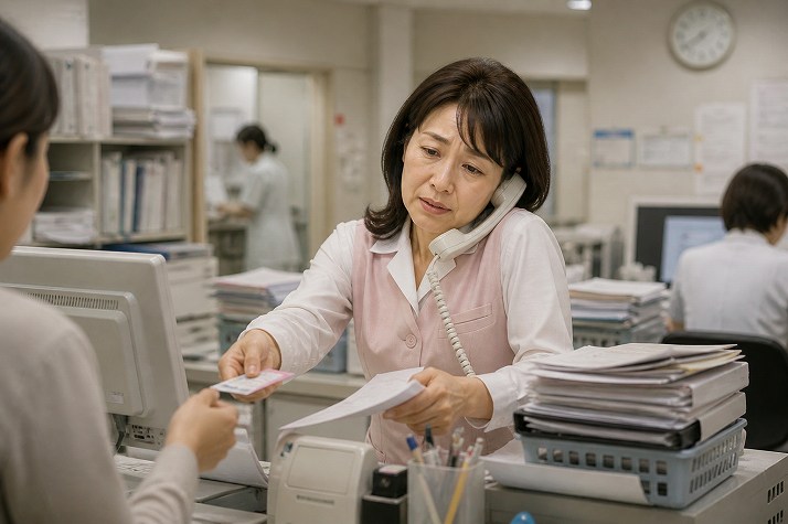 クリニック受付で少し疲れた表情を見せる51歳女性医療事務のイメージ