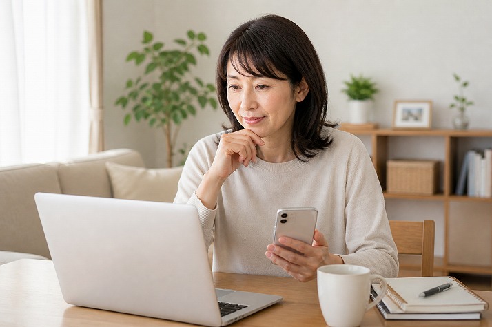 求人情報を見ながら前向きに転職を考える50代女性医療事務のイメージ