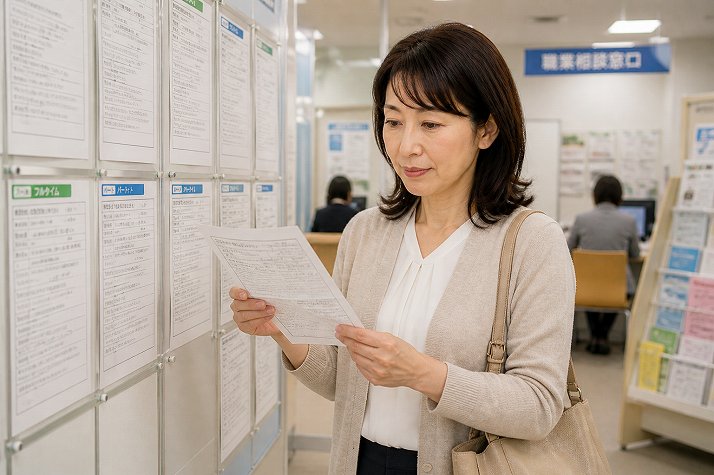 求人票を比較しながら転職活動を進める50代女性医療事務のイメージ