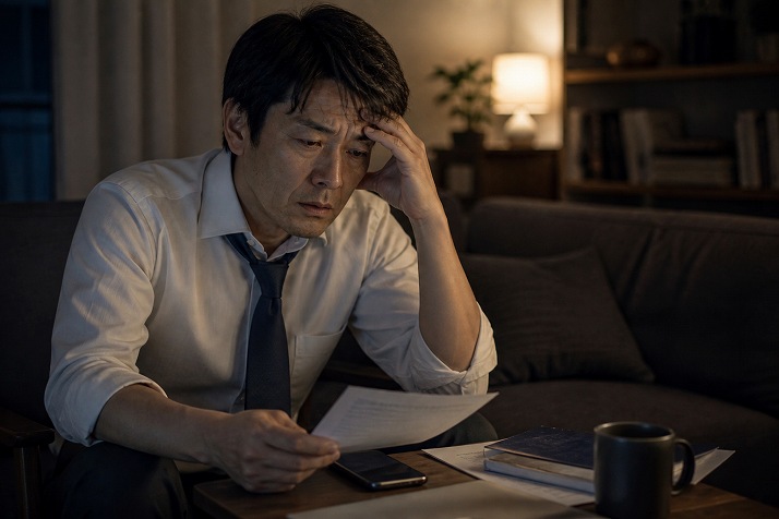 リストラ後に不安で落ち込み一人悩む40代男性