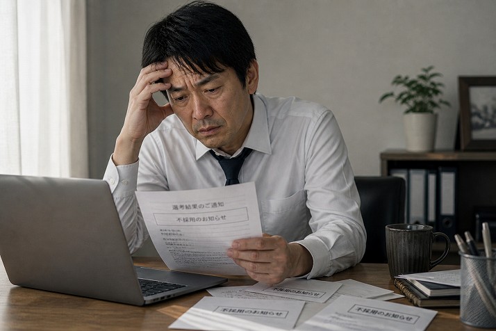 求人を見ながら悩む40代男性と転職の厳しさのイメージ