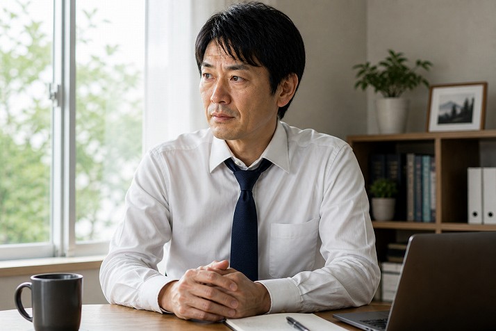 前向きな表情で再スタートを切る40代男性