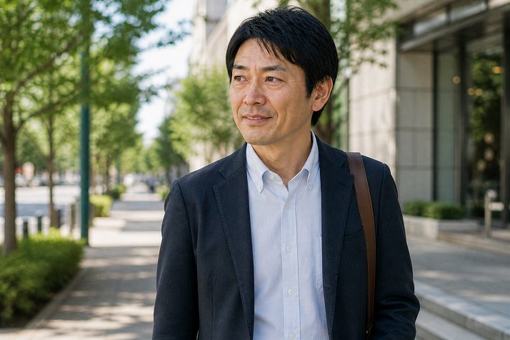 前向きに歩き出す40代男性と新たなスタートのイメージ
