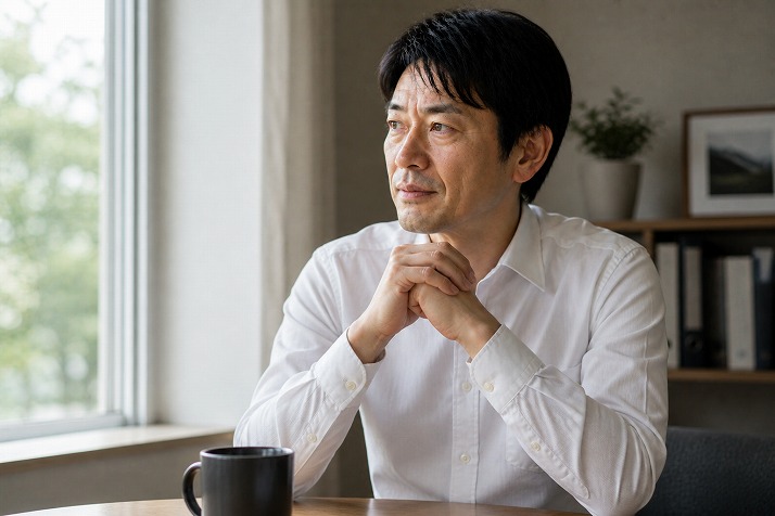 経験を振り返り考えを整理する40代男性