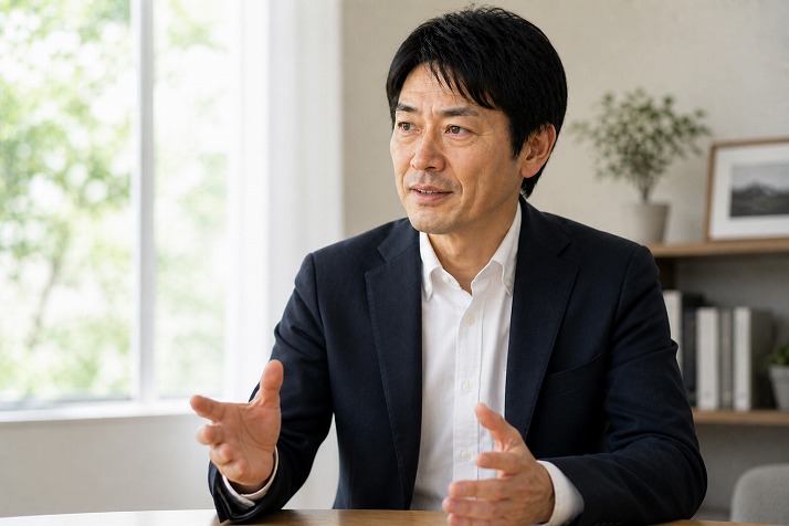 落ち着いた表情で前を向き未来を考える40代男性