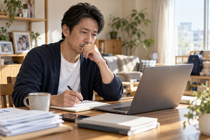 自宅で40代の転職について不安を感じながら考える男性