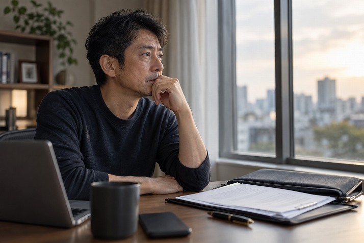 窓辺で今後の仕事や転職について考える40代の男性