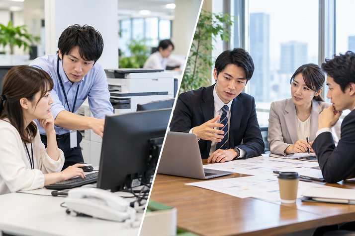 社内SEの利用者支援とSIerの打ち合わせ業務を比較したオフィス風景