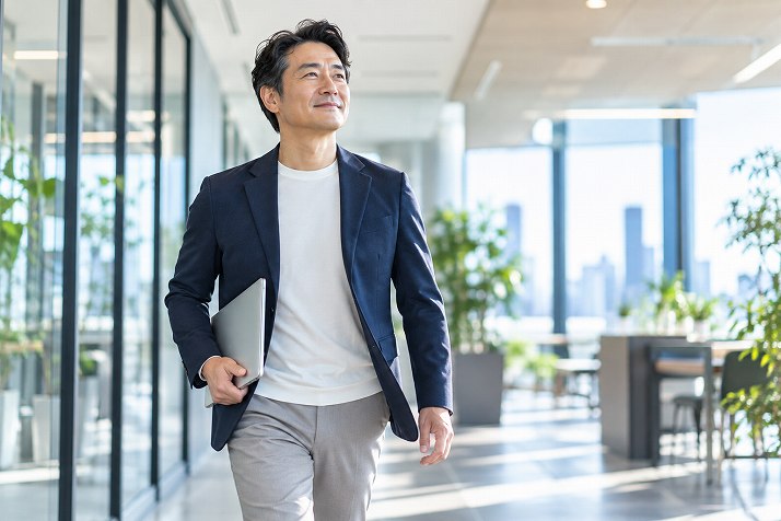 ノートPCを持ってオフィスを歩く40代のビジネスパーソン