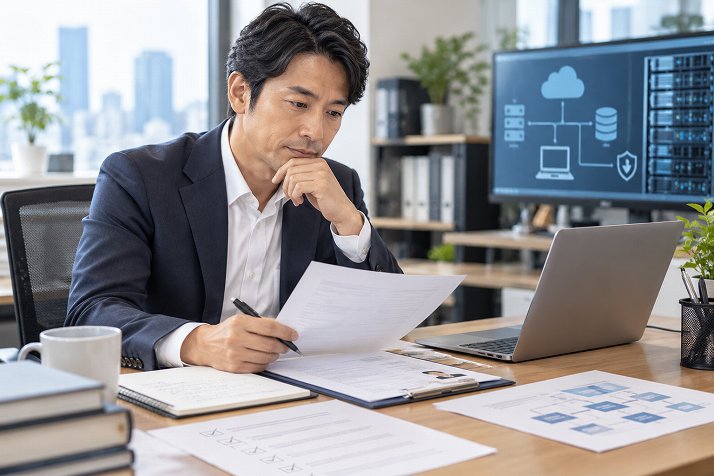 求人票や面接内容を確認する40代の社内SE転職希望者