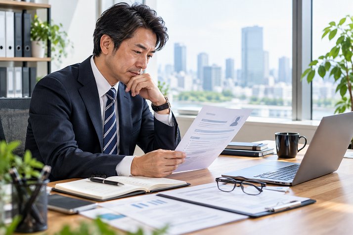 職務経歴書を確認する40代のビジネスパーソン