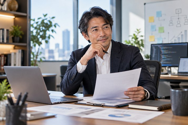 応募書類を確認しながら志望動機を考える40代のIT経験者