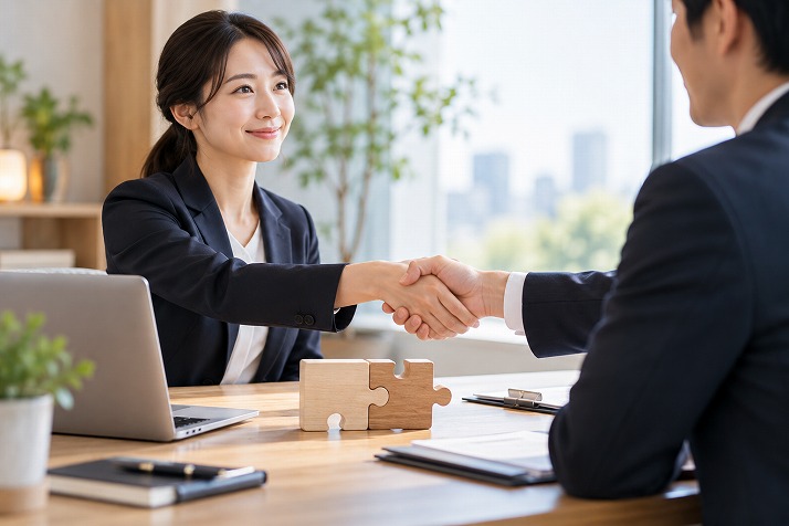 経験と応募先の仕事が合致することを表した握手とパズル