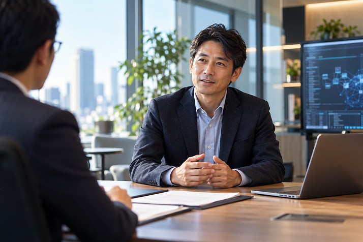 社内SEの採用面接で受け答えする40代のIT経験者