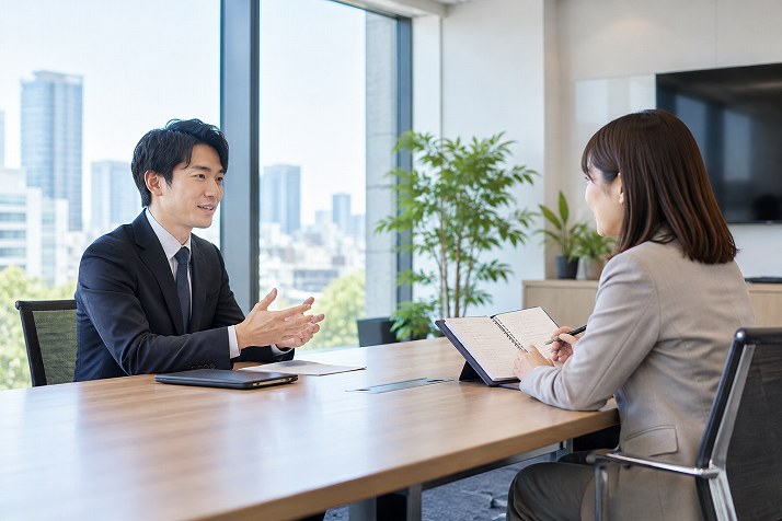 明るいオフィスで質問に答える社内SEの面接風景