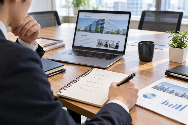 企業情報を確認しながら面接の逆質問を準備する様子