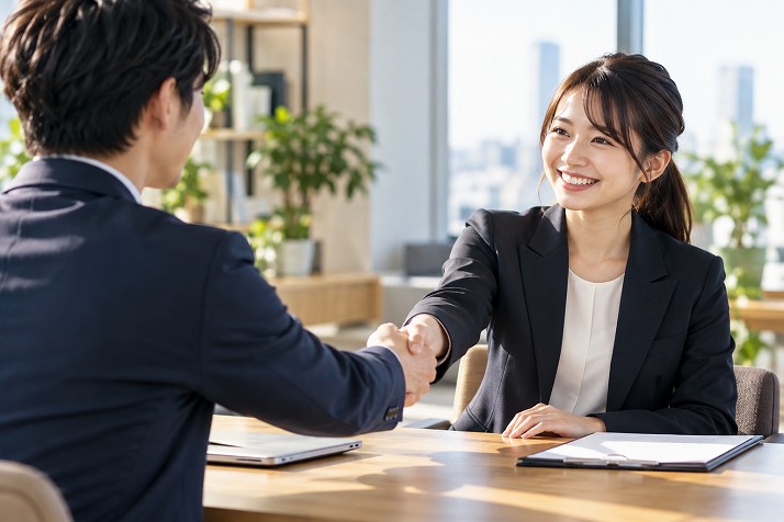 面接後に笑顔で握手する応募者と採用担当者